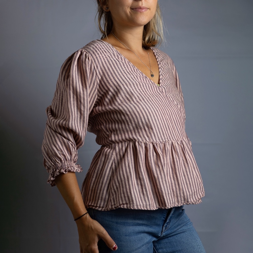 Madewell Puff-Sleeve Peplum Wrap Top in Stripe / SMALL / SWEET TULIP